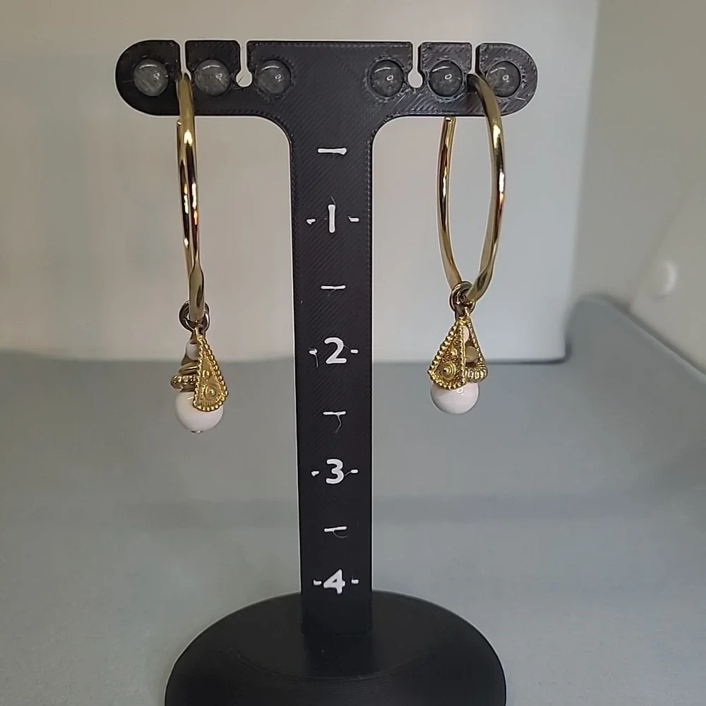 Vintage Hoop Earrings Woman Gold Tone White Bead Dangle Charms Boho Statement